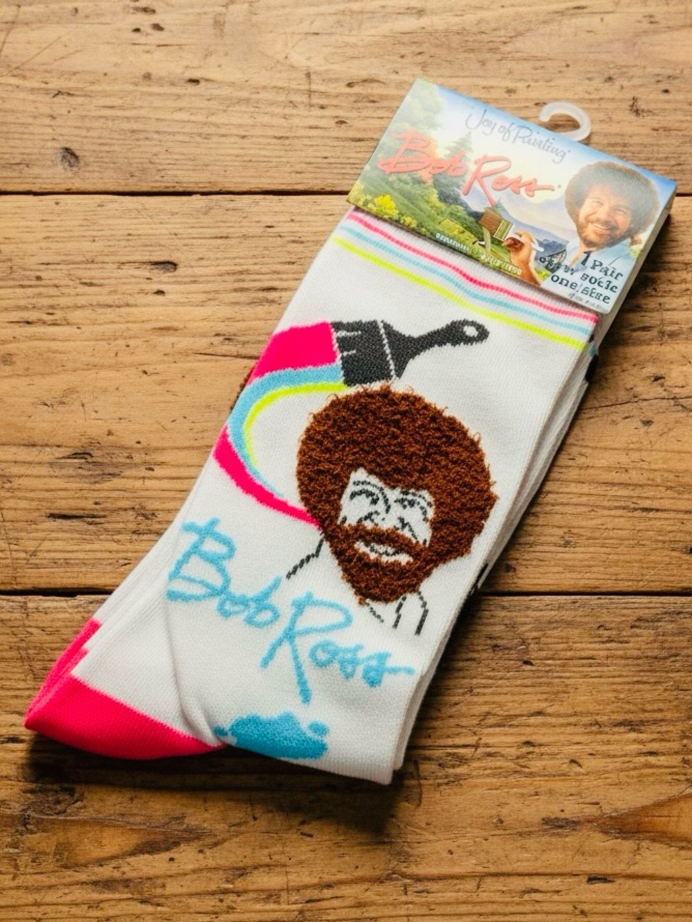 Bob Ross White Crew Socks  Joy of Painting Paint Brush & Artsy Accents Women New